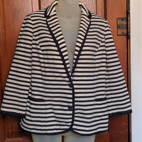 Talbots Black + Cream Striped Cotton Blend Blazer Sz M - Picture 1 of 10